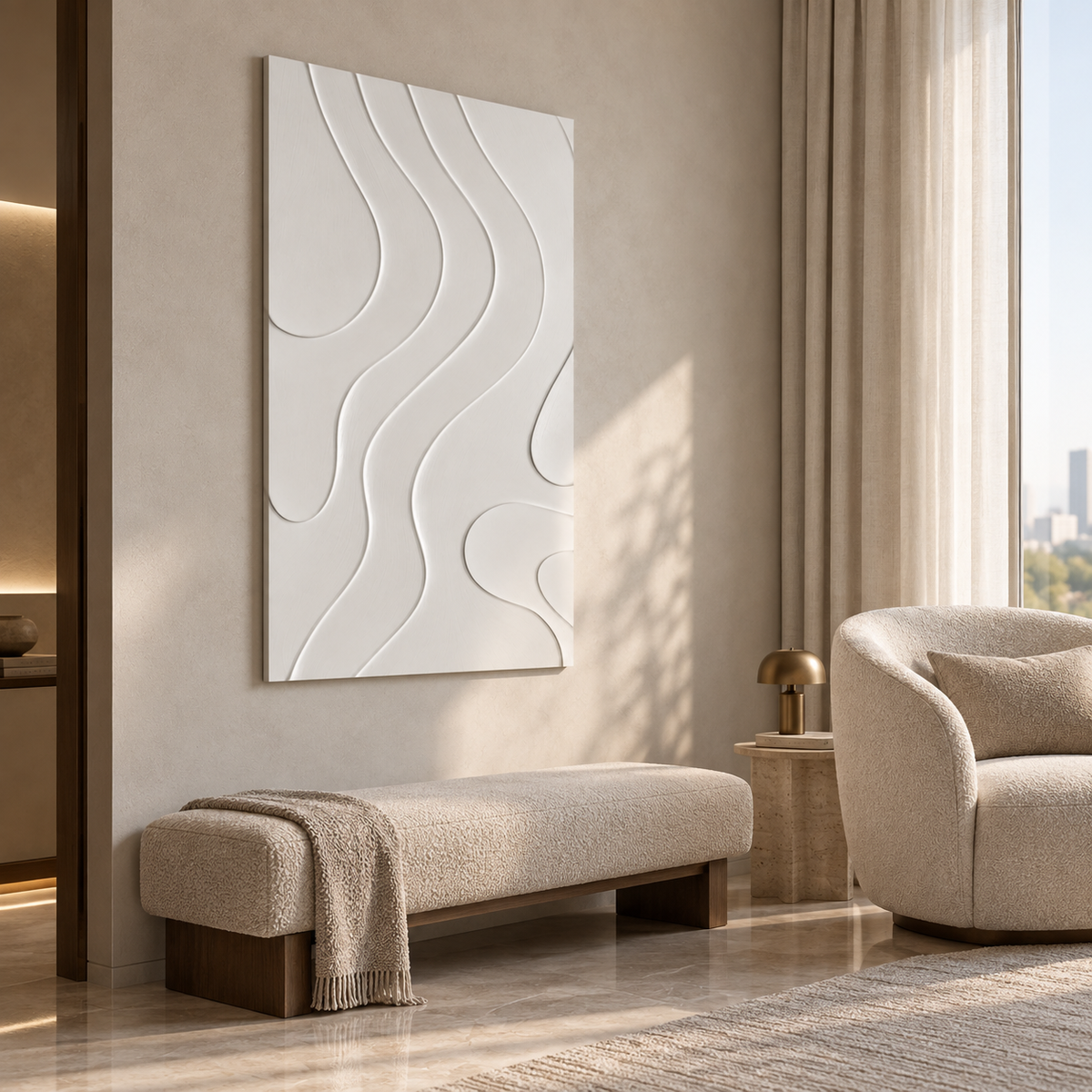 Quiet Bend Lines Corian wall panel, left view in a Mumbai bedroom seating area; AI-assisted concept visualisation