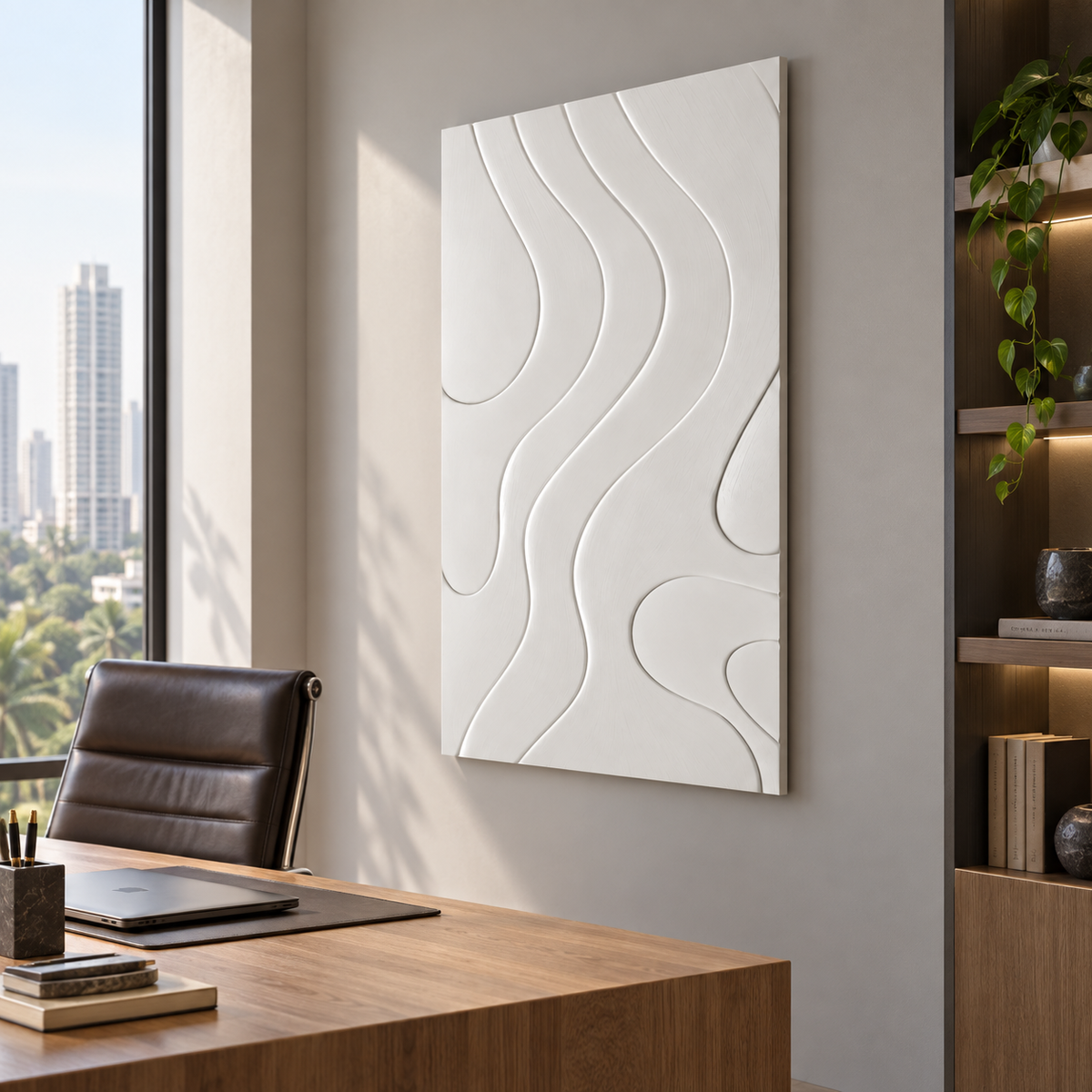 Quiet Bend Lines Corian wall panel, right view in a Mumbai home office; AI-assisted concept visualisation