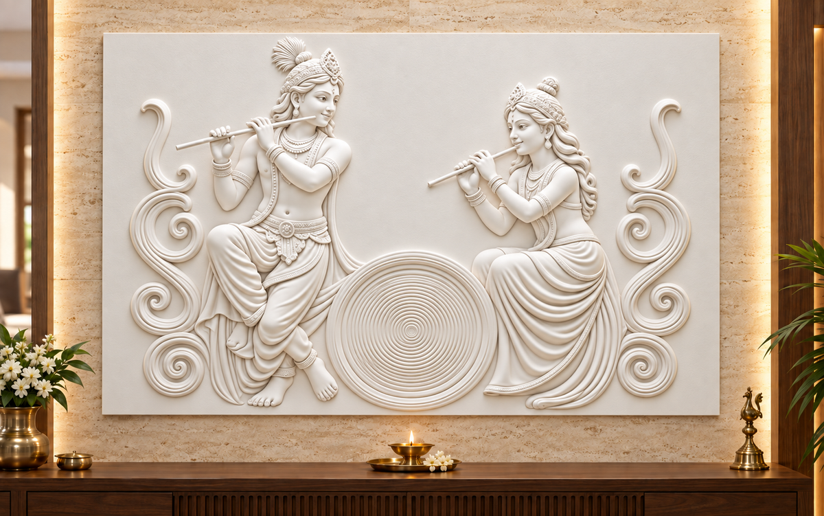 Radha Krishna Circular Rhythm Corian wall panel, front view in a Mumbai pooja room feature wall; AI-assisted concept visualisation