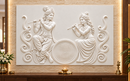 Radha Krishna Circular Rhythm Corian wall panel, front view in a Mumbai pooja room feature wall; AI-assisted concept visualisation