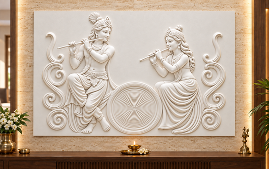 Radha Krishna Circular Rhythm Corian wall panel, front view in a Mumbai pooja room feature wall; AI-assisted concept visualisation