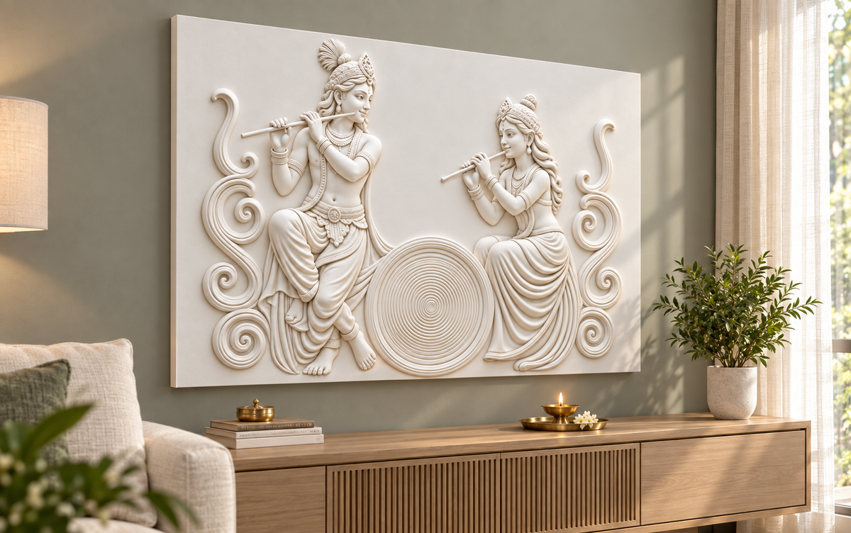 Radha Krishna Circular Rhythm Corian wall panel, left view in a Mumbai quiet family lounge prayer area; AI-assisted concept visualisation