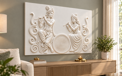 Radha Krishna Circular Rhythm Corian wall panel, left view in a Mumbai quiet family lounge prayer area; AI-assisted concept visualisation