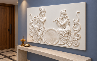 Radha Krishna Circular Rhythm Corian wall panel, right view in a Mumbai entrance devotional wall; AI-assisted concept visualisation