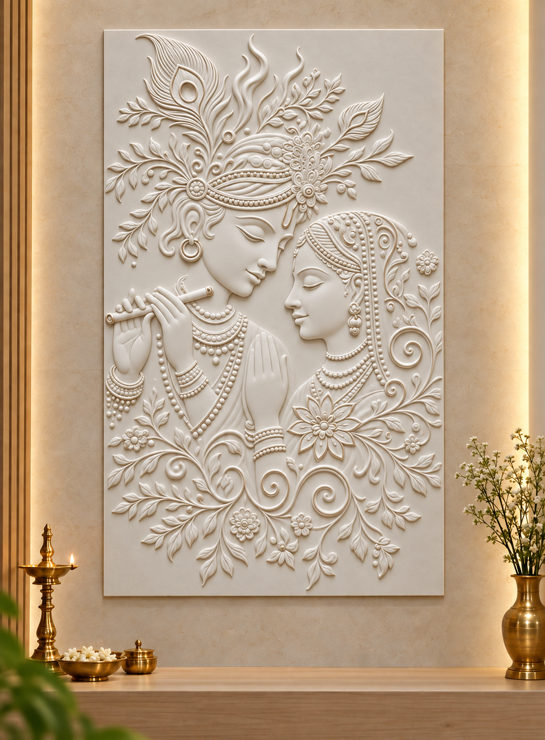 Radha Krishna Feather Garland Corian wall panel, front view in a Mumbai pooja room; AI-assisted concept visualisation