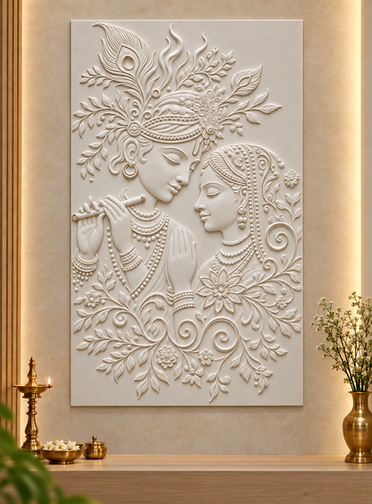 Radha Krishna Feather Garland Corian wall panel, front view in a Mumbai pooja room; AI-assisted concept visualisation