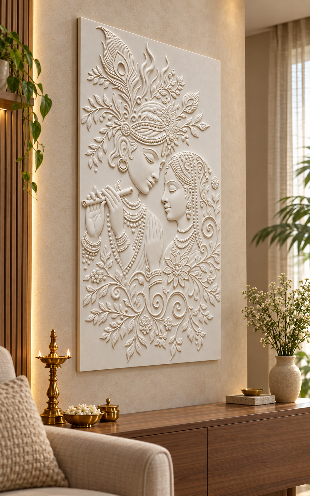 Radha Krishna Feather Garland Corian wall panel, left view in a Mumbai quiet living room alcove; AI-assisted concept visualisation