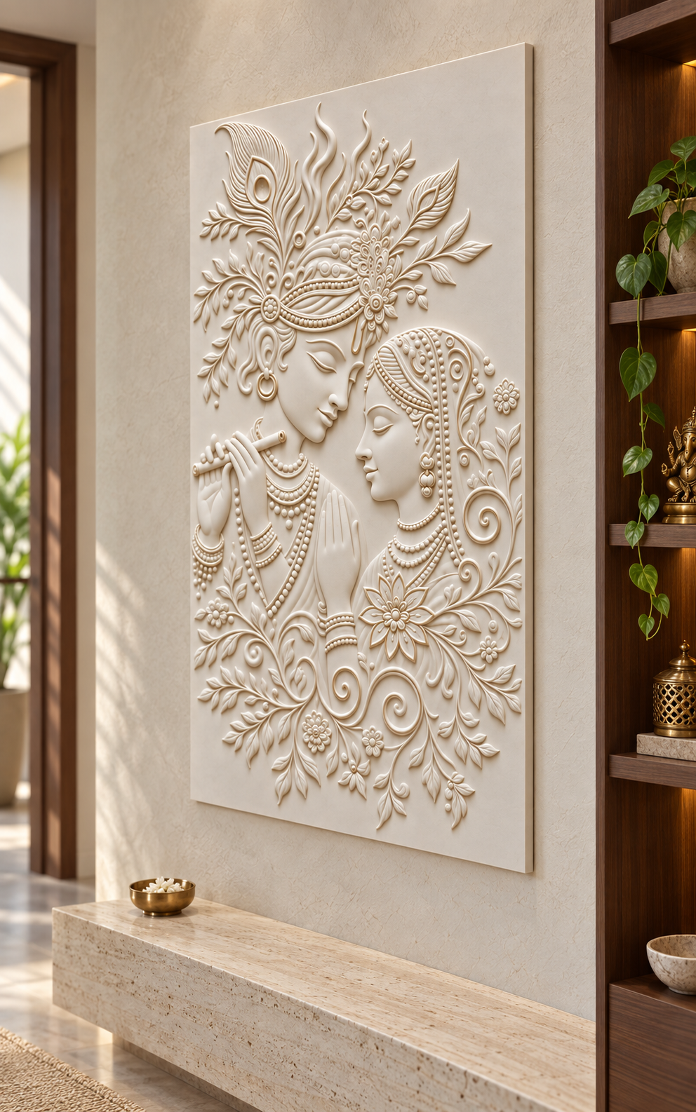 Radha Krishna Feather Garland Corian wall panel, right view in a Mumbai entrance prayer niche; AI-assisted concept visualisation
