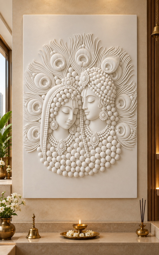 Radha Krishna Feather Halo Corian wall panel, front view in a Juhu apartment pooja room; satin white relief concept.