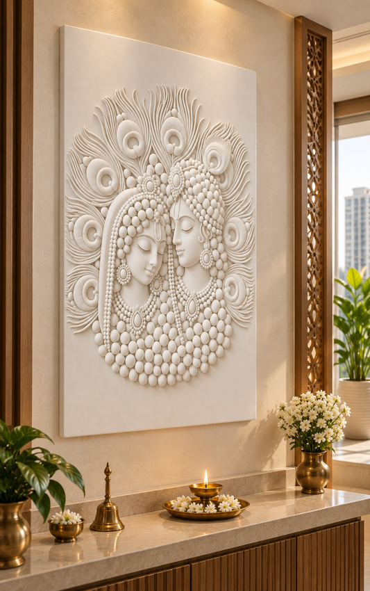 Radha Krishna Feather Halo Corian wall panel, left view in a Ghatkopar apartment prayer alcove; satin white relief concept.