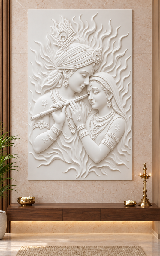 Radha Krishna Flame Embrace satin white Corian wall panel front view in luxury Mulund Mumbai prayer room with pale rose limestone wall and walnut altar shelf