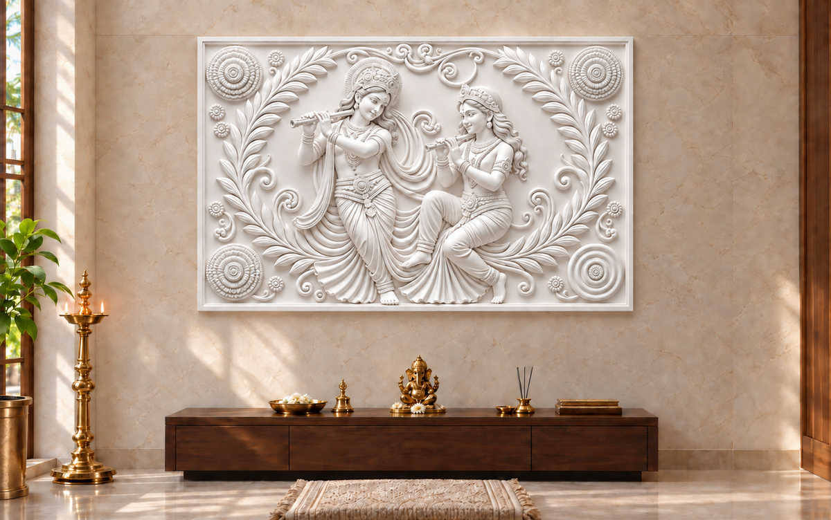 Radha Krishna Garland Duet Corian wall panel, front view in a Mumbai pooja room feature wall; AI-assisted concept visualisation