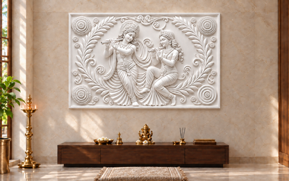 Radha Krishna Garland Duet Corian wall panel, front view in a Mumbai pooja room feature wall; AI-assisted concept visualisation