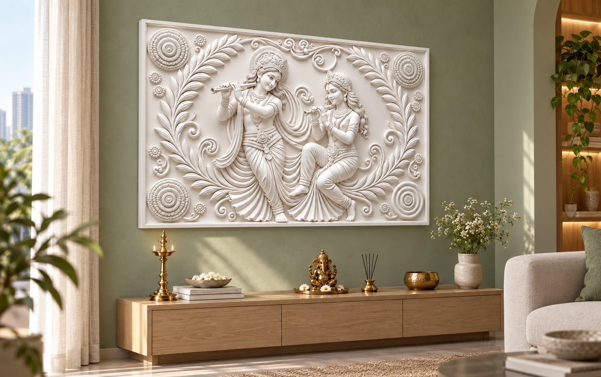 Radha Krishna Garland Duet Corian wall panel, left view in a Mumbai family lounge prayer alcove; AI-assisted concept visualisation