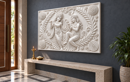 Radha Krishna Garland Duet Corian wall panel, right view in a Mumbai entrance devotional niche; AI-assisted concept visualisation