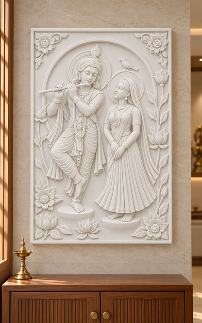 Radha Krishna Lotus Arcade Corian wall panel, front view in a Juhu home prayer alcove