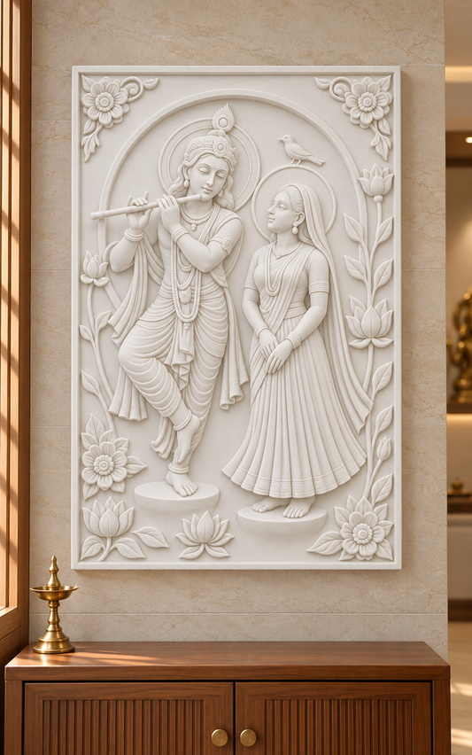 Radha Krishna Lotus Arcade Corian wall panel, front view in a Juhu home prayer alcove