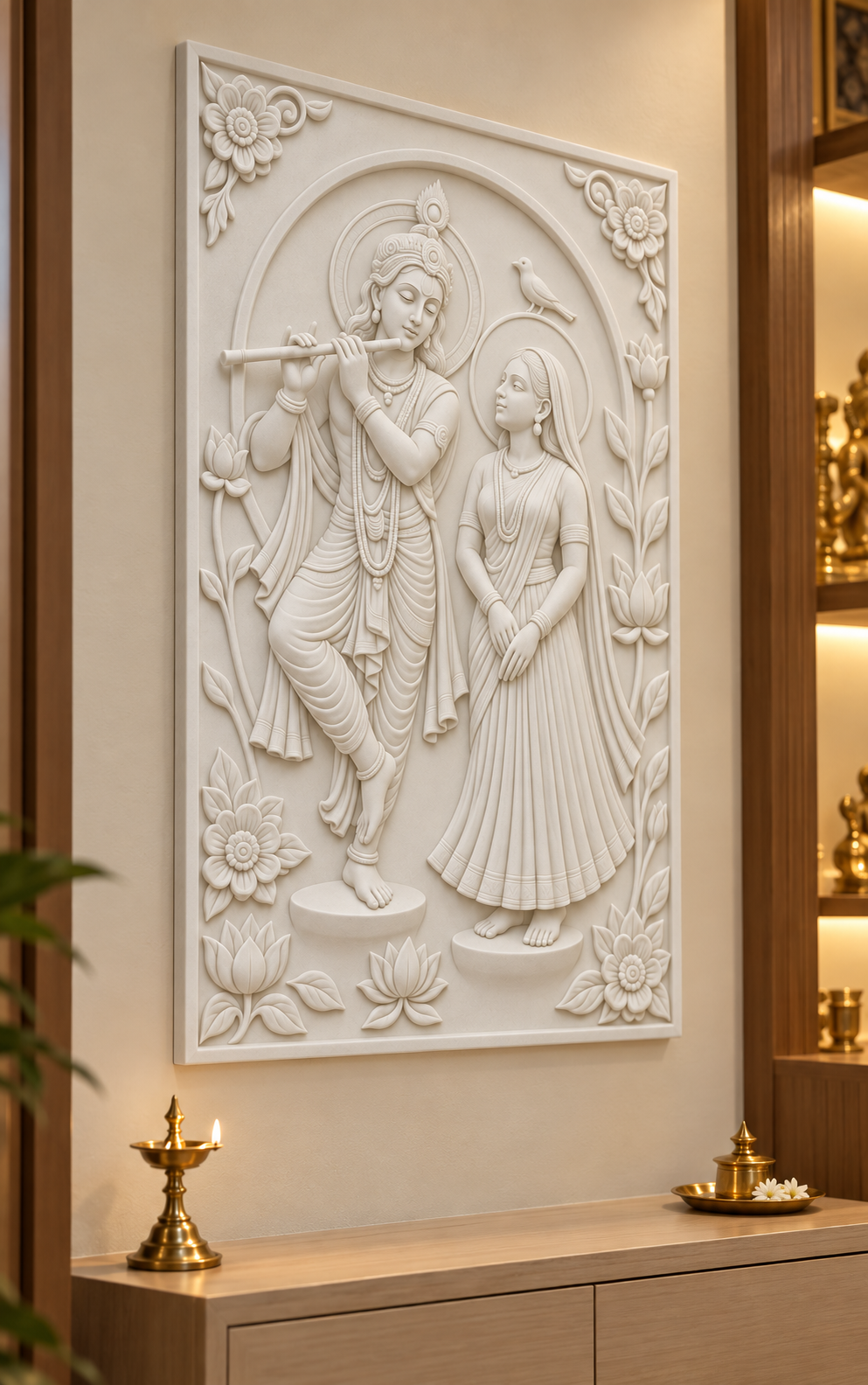 Radha Krishna Lotus Arcade Corian wall panel, left view in a Ghatkopar family mandir
