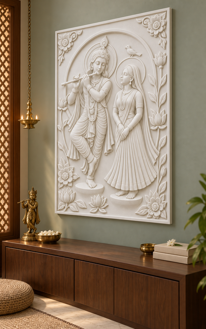 Radha Krishna Lotus Arcade Corian wall panel, right view in a Worli pooja room