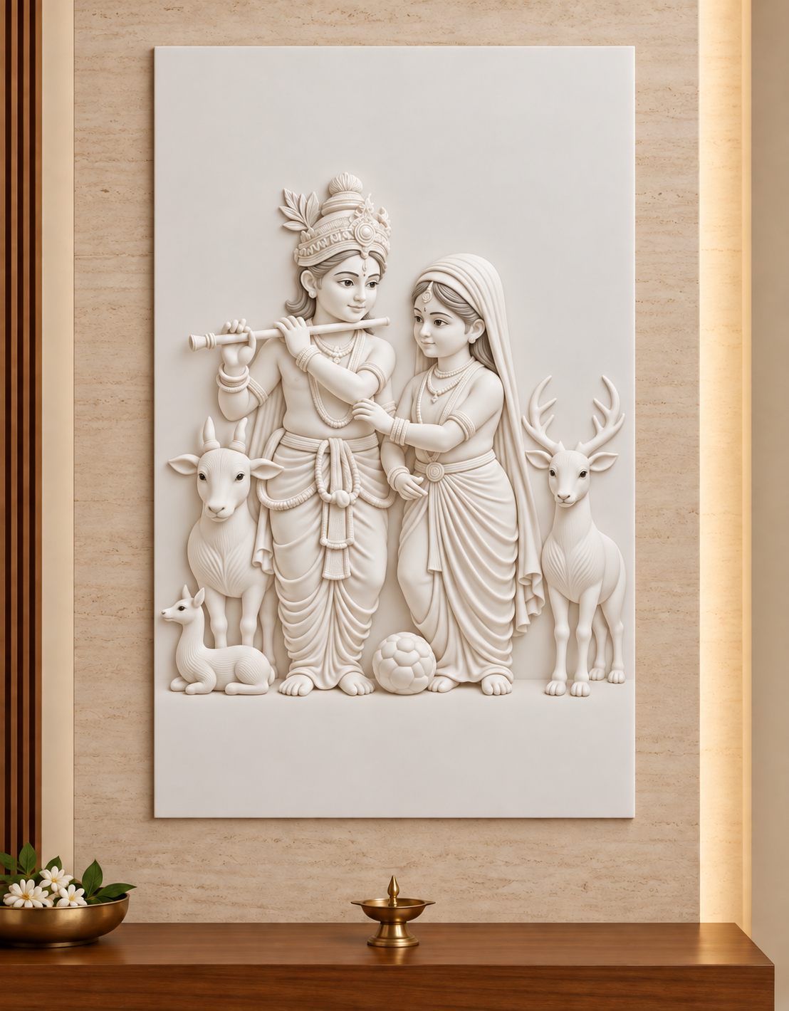 Radha Krishna Pastoral Companions Corian wall panel, front view in a Juhu apartment pooja room, with shallow satin white relief