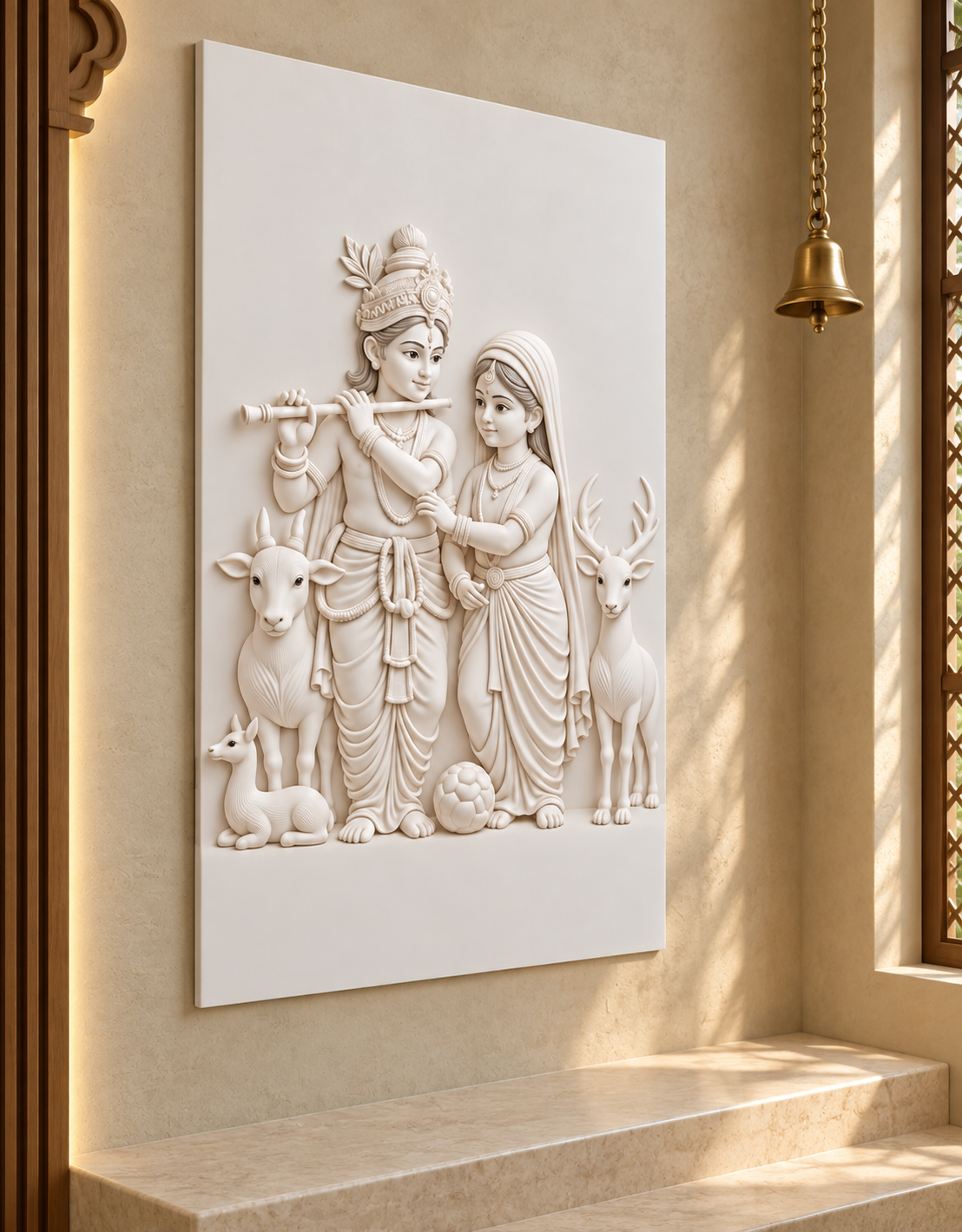 Radha Krishna Pastoral Companions Corian wall panel, left view in a Ghatkopar family mandir, with shallow satin white relief
