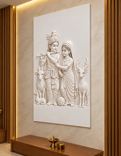 Radha Krishna Pastoral Companions Corian wall panel, right view in a Powai prayer alcove, with shallow satin white relief