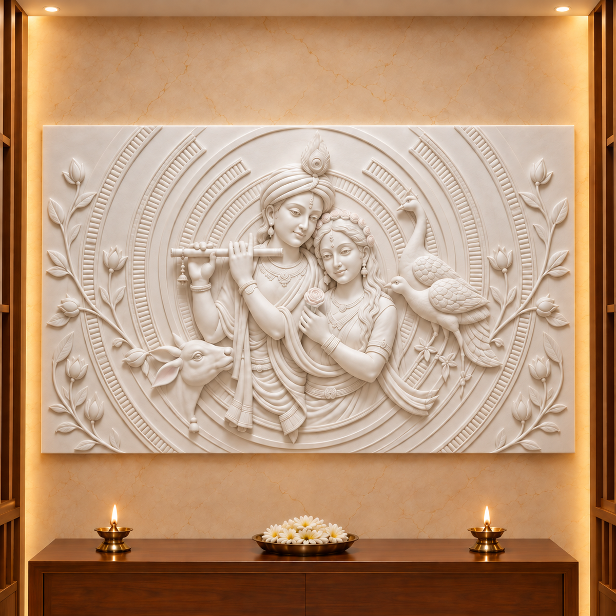Radha Krishna Pastoral Medallion Corian wall panel, front view in a Ghatkopar apartment pooja room, horizontal 4 ft by 2.5 ft with no added plain border strips