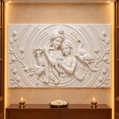 Radha Krishna Pastoral Medallion Corian wall panel, front view in a Ghatkopar apartment pooja room, horizontal 4 ft by 2.5 ft with no added plain border strips