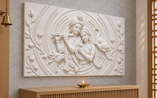 Radha Krishna Pastoral Medallion Corian wall panel, left view in a Juhu family prayer alcove, horizontal 4 ft by 2.5 ft with no added plain border strips