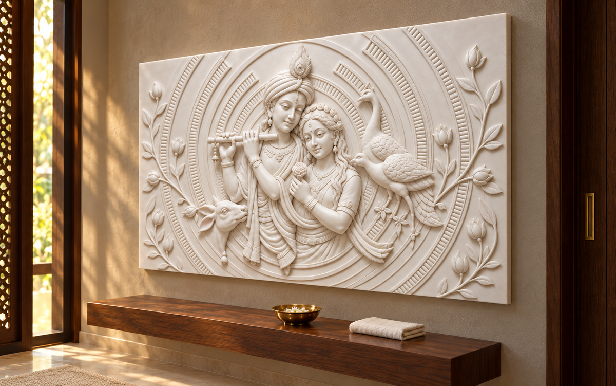 Radha Krishna Pastoral Medallion Corian wall panel, right view in a Powai devotional study, horizontal 4 ft by 2.5 ft with no added plain border strips