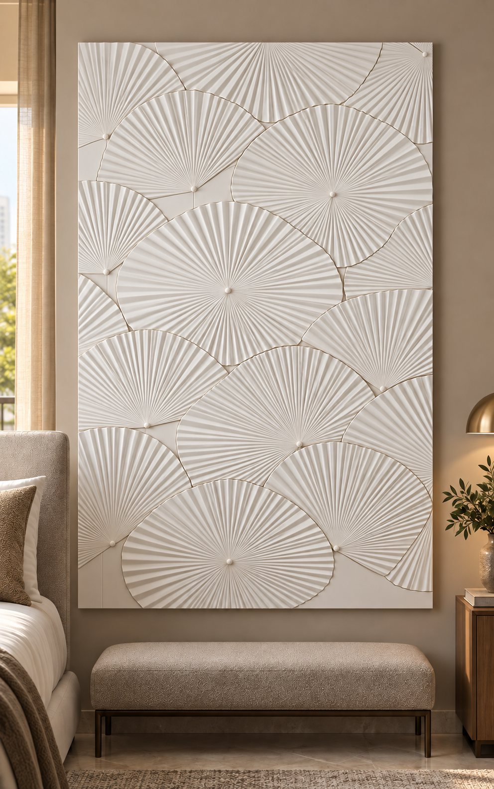 Radial Fan Mosaic Corian wall panel, front view in a Mumbai bedroom accent wall; AI-assisted concept visualisation