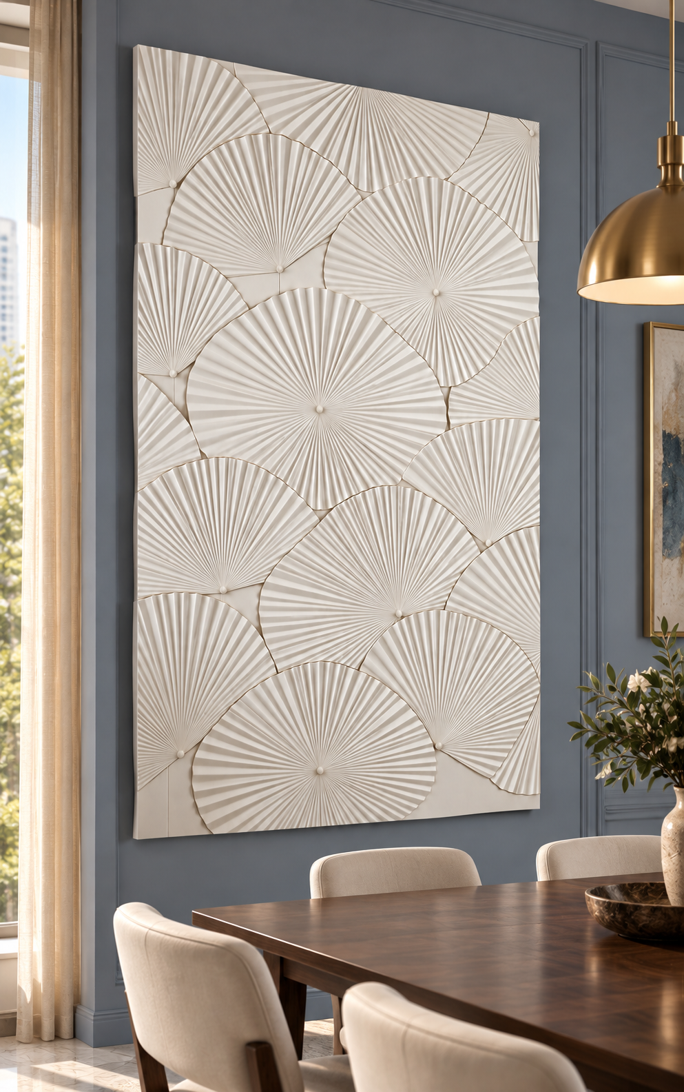 Radial Fan Mosaic Corian wall panel, left view in a Mumbai dining room feature wall; AI-assisted concept visualisation