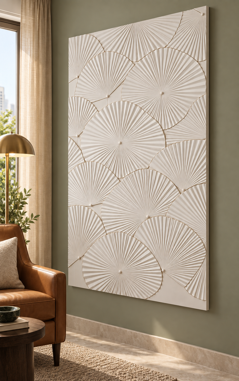 Radial Fan Mosaic Corian wall panel, right view in a Mumbai living room reading alcove; AI-assisted concept visualisation