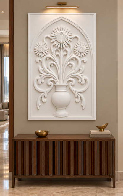 Radiant Daisy Scroll Vase Corian wall panel, front view in a refined Mumbai apartment foyer with a walnut console and brass lighting; AI-assisted concept visualisation