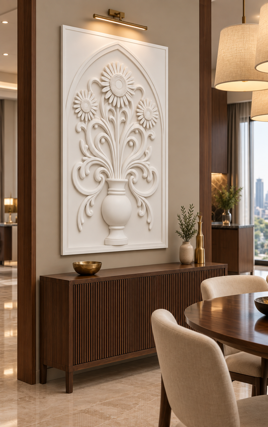 Radiant Daisy Scroll Vase Corian wall panel, left view in a Mumbai dining nook with a dark walnut sideboard, oval table and linen pendants; AI-assisted concept visualisation