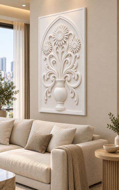 Radiant Daisy Scroll Vase Corian wall panel, right view in a Mumbai living room with a low ivory sofa, pale oak side table and soft window light; AI-assisted concept visualisation