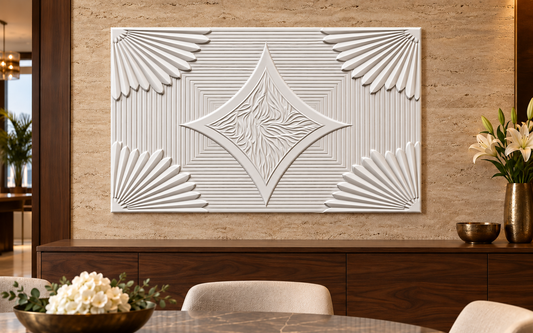 Radiant Diamond Weave Corian Wall Panel CWP-634, front view in a Mumbai home setting; AI-assisted concept