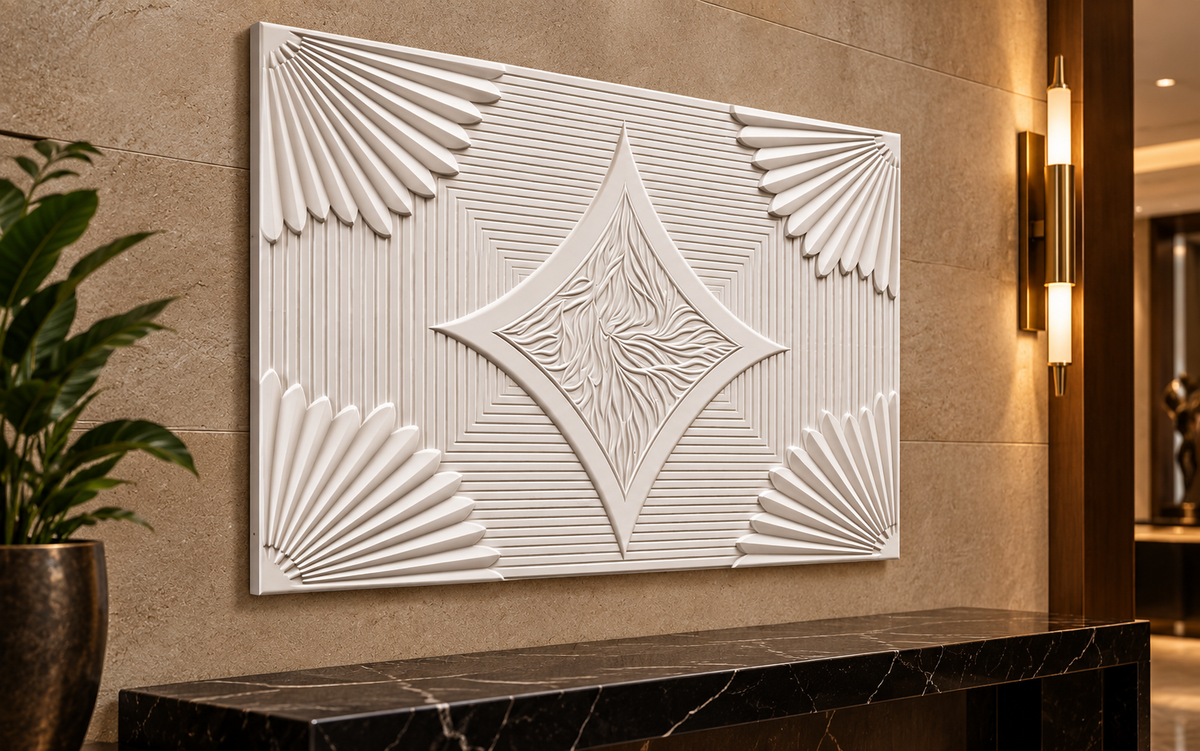Radiant Diamond Weave Corian Wall Panel CWP-634, left view in a Mumbai home setting; AI-assisted concept