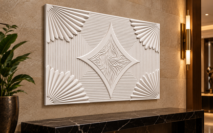 Radiant Diamond Weave Corian Wall Panel CWP-634, left view in a Mumbai home setting; AI-assisted concept