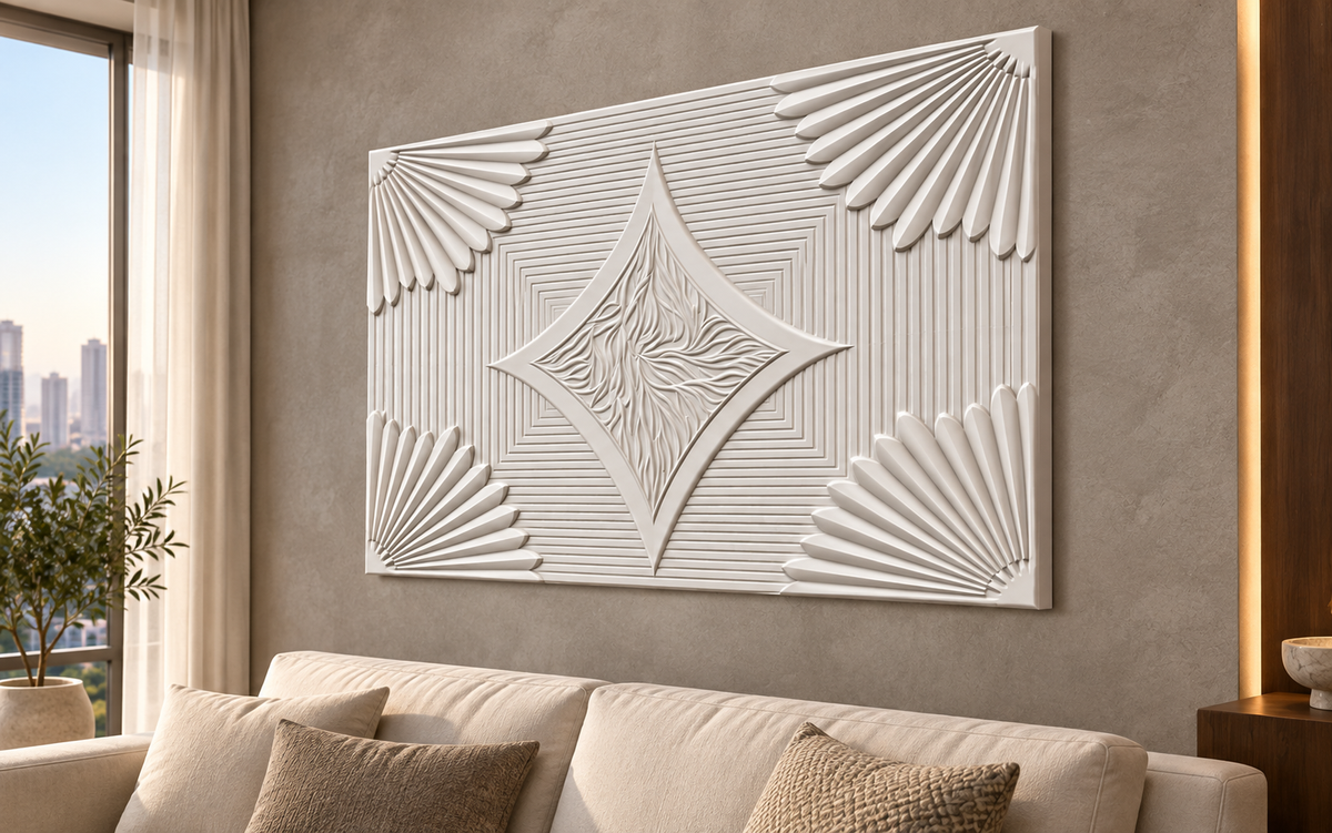 Radiant Diamond Weave Corian Wall Panel CWP-634, right view in a Mumbai home setting; AI-assisted concept