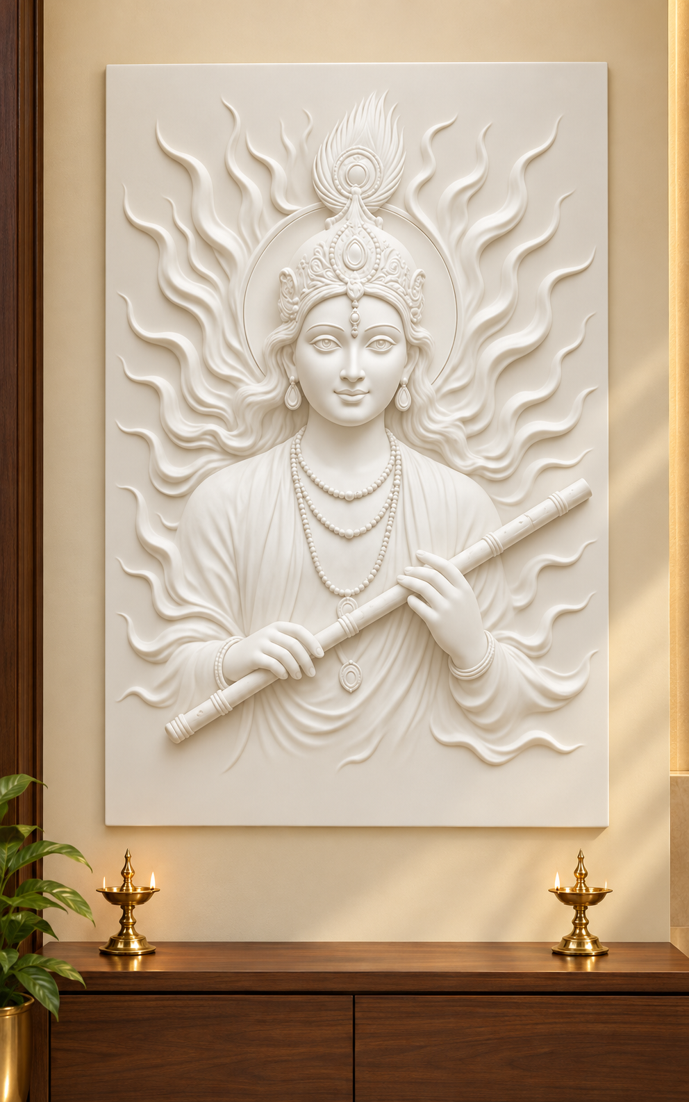 Radiant Flute Krishna satin white Corian wall panel front view in luxury Powai Mumbai pooja room with warm ivory wall and low walnut prayer cabinet