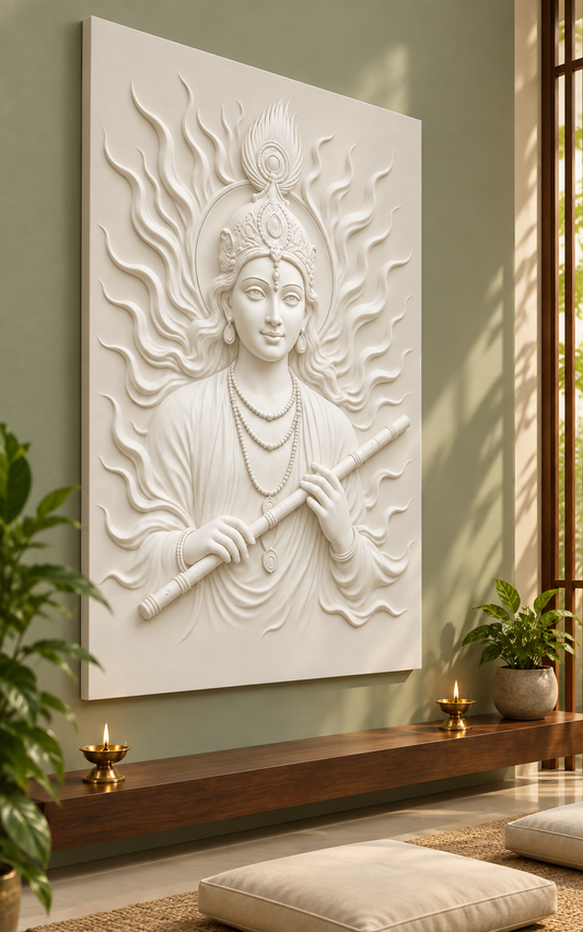 Radiant Flute Krishna satin white Corian wall panel left view in luxury Bandra Mumbai meditation room with muted sage wall and low teak prayer shelf