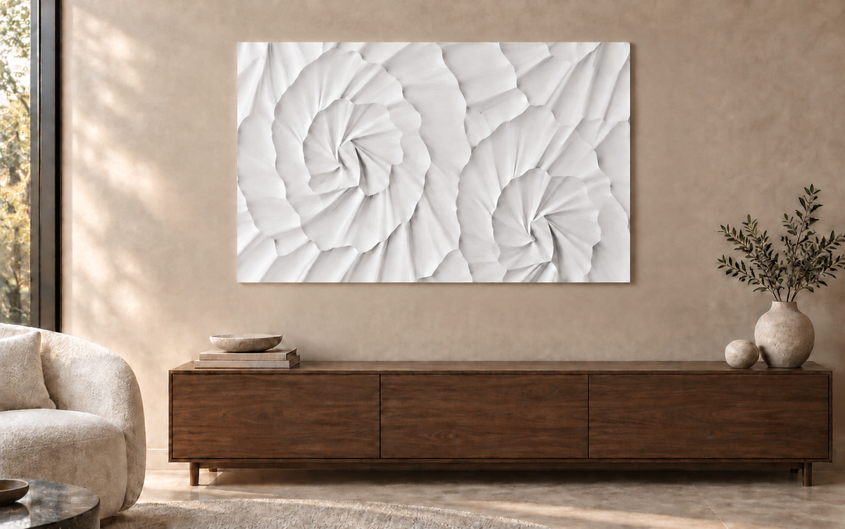 Radiating Fanfold Rhythm Corian Wall Panel, front view in a Mumbai living room, 4 ft wide x 2.5 ft high; AI-assisted concept visualisation