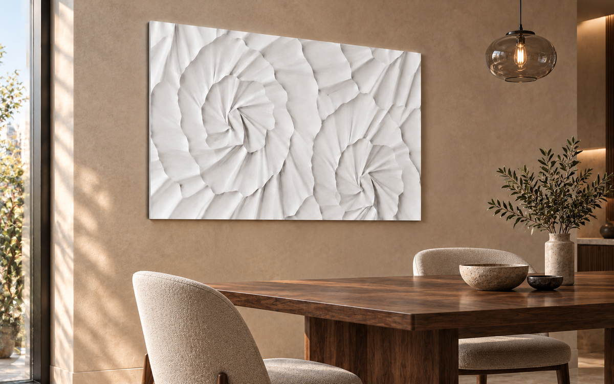 Radiating Fanfold Rhythm Corian Wall Panel, left view in a Mumbai dining area, 4 ft wide x 2.5 ft high; AI-assisted concept visualisation