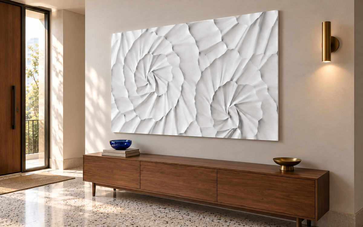 Radiating Fanfold Rhythm Corian Wall Panel, right view in a Mumbai entrance foyer, 4 ft wide x 2.5 ft high; AI-assisted concept visualisation