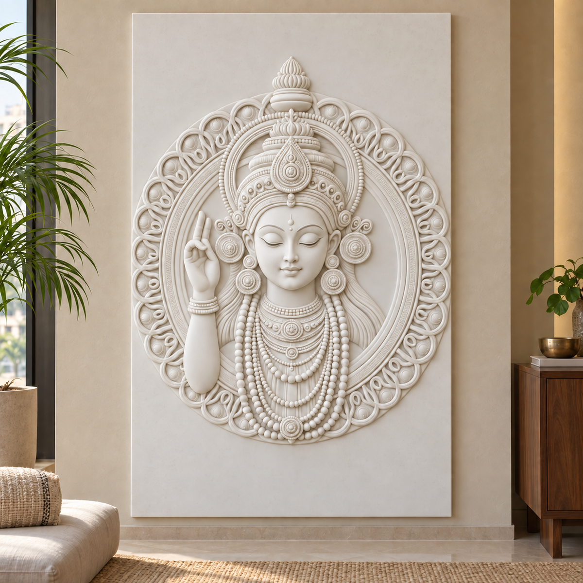 Raised Hand Halo Portrait Corian wall panel, front view in a Juhu meditation room