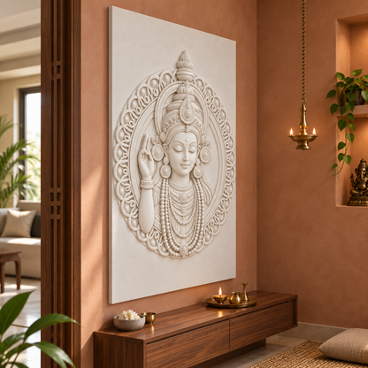Raised Hand Halo Portrait Corian wall panel, left view in a Matunga prayer alcove