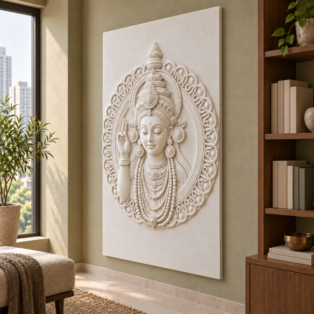 Raised Hand Halo Portrait Corian wall panel, right view in a Worli home meditation library
