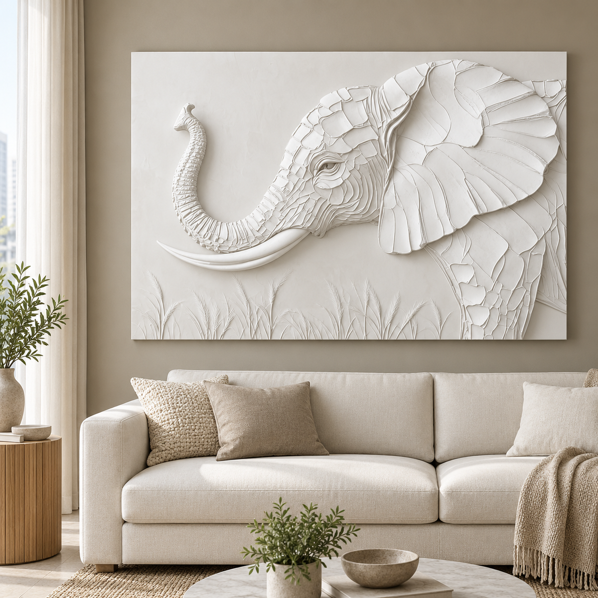 CWP-641 Raised Trunk Elephant Profile Corian Wall Panel, 4 ft wide x 2.5 ft high, front view in a Mumbai living room; AI-assisted concept visualisation