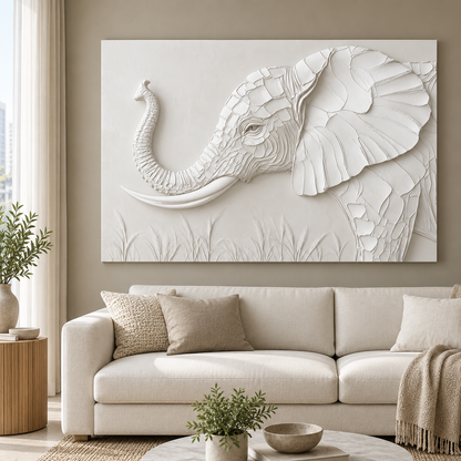 CWP-641 Raised Trunk Elephant Profile Corian Wall Panel, 4 ft wide x 2.5 ft high, front view in a Mumbai living room; AI-assisted concept visualisation